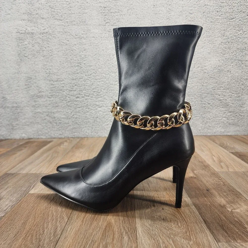 Shoe Dazzle Ayson Women's Size 10 Black High Heel Pointed Toe Zip‎ Booties Chain
